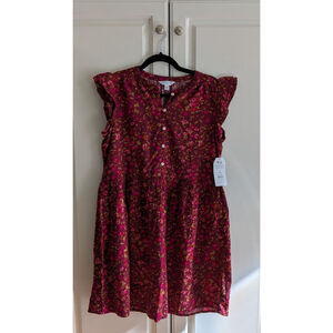 Women's Time and Tru Burgundy Floral Ruffle Sleeve Dress S